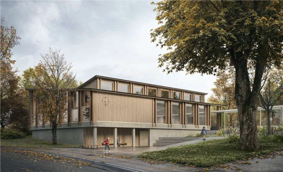 So soll die neue Halle dereinst aussehen. Kostenpunkt: 8,48 Millionen Franken. Die neue Turnhalle in Adetswil wird von aussen gezeigt.